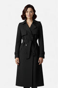Belted long trench coat with double-button front for women | Caurelle