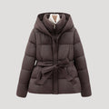 Belted hooded puffer jacket for women | Elara
