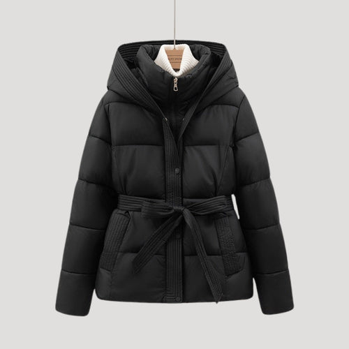 Belted hooded puffer jacket for women | Elara