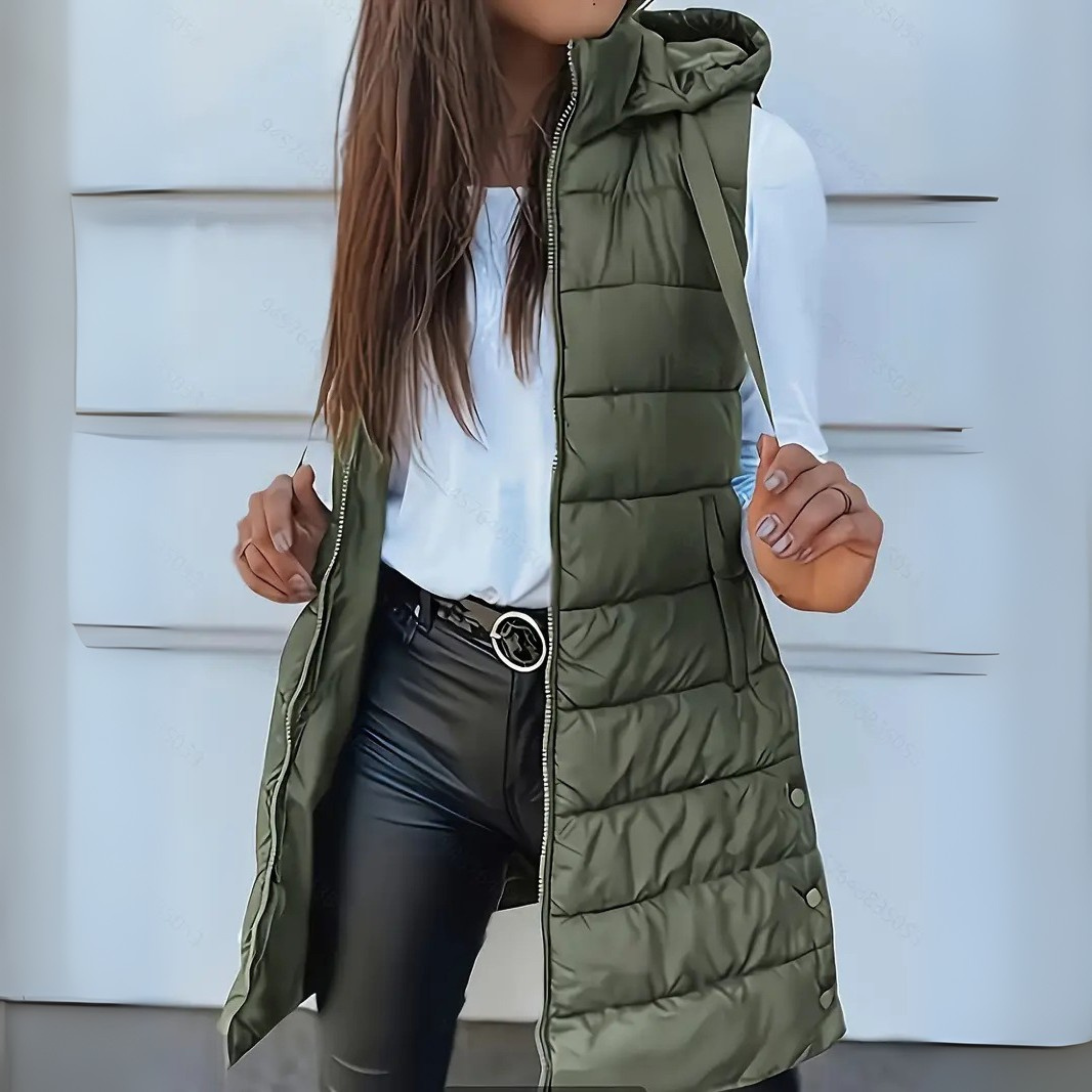 Casual sleeveless hooded long puffer vest for women | Rain -4