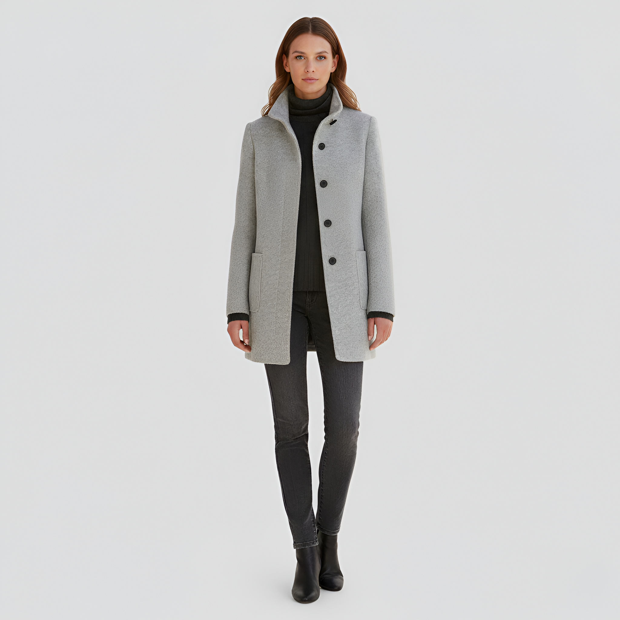 Elegant button-front coat with high collar for women | Valerios