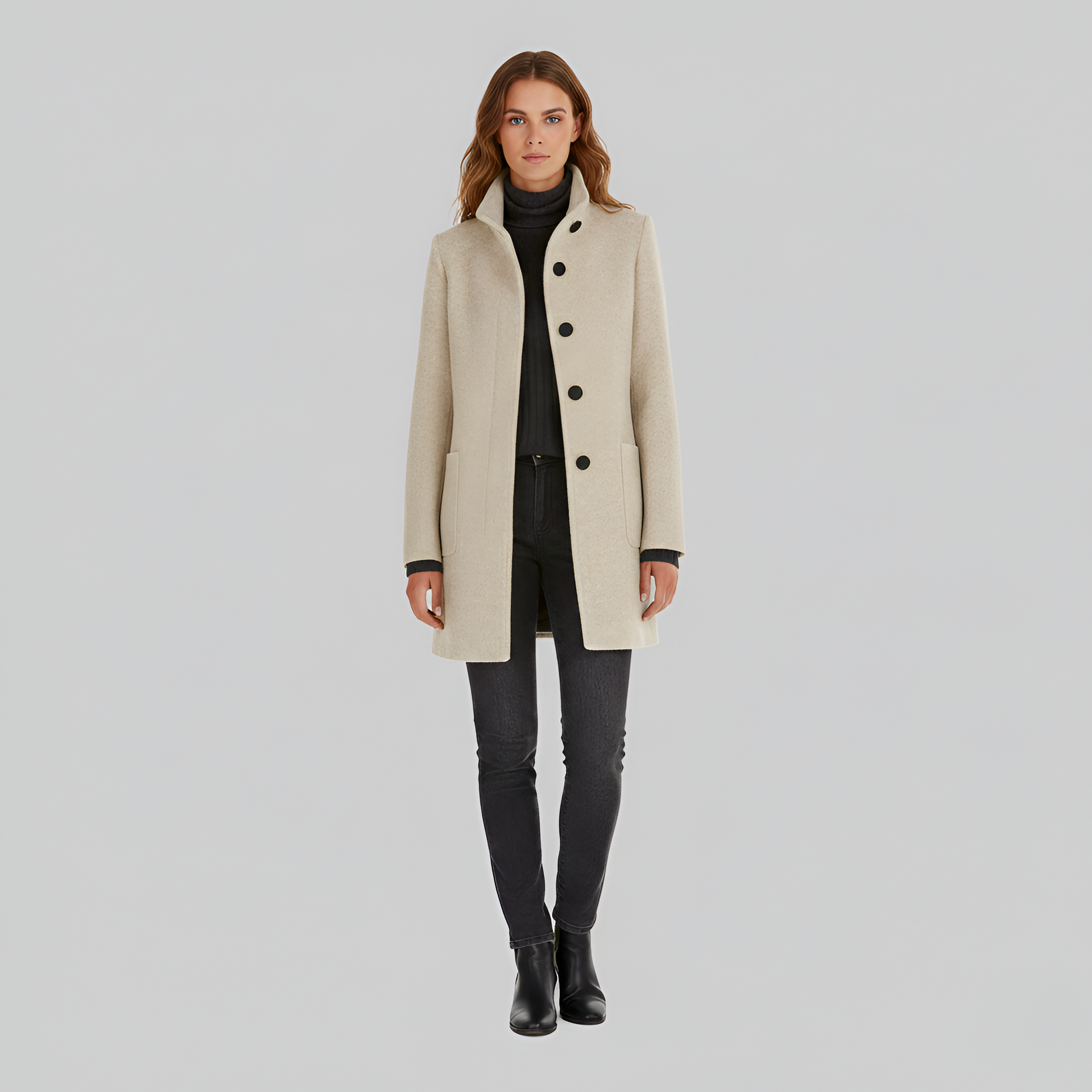 Elegant button-front coat with high collar for women | Valerios