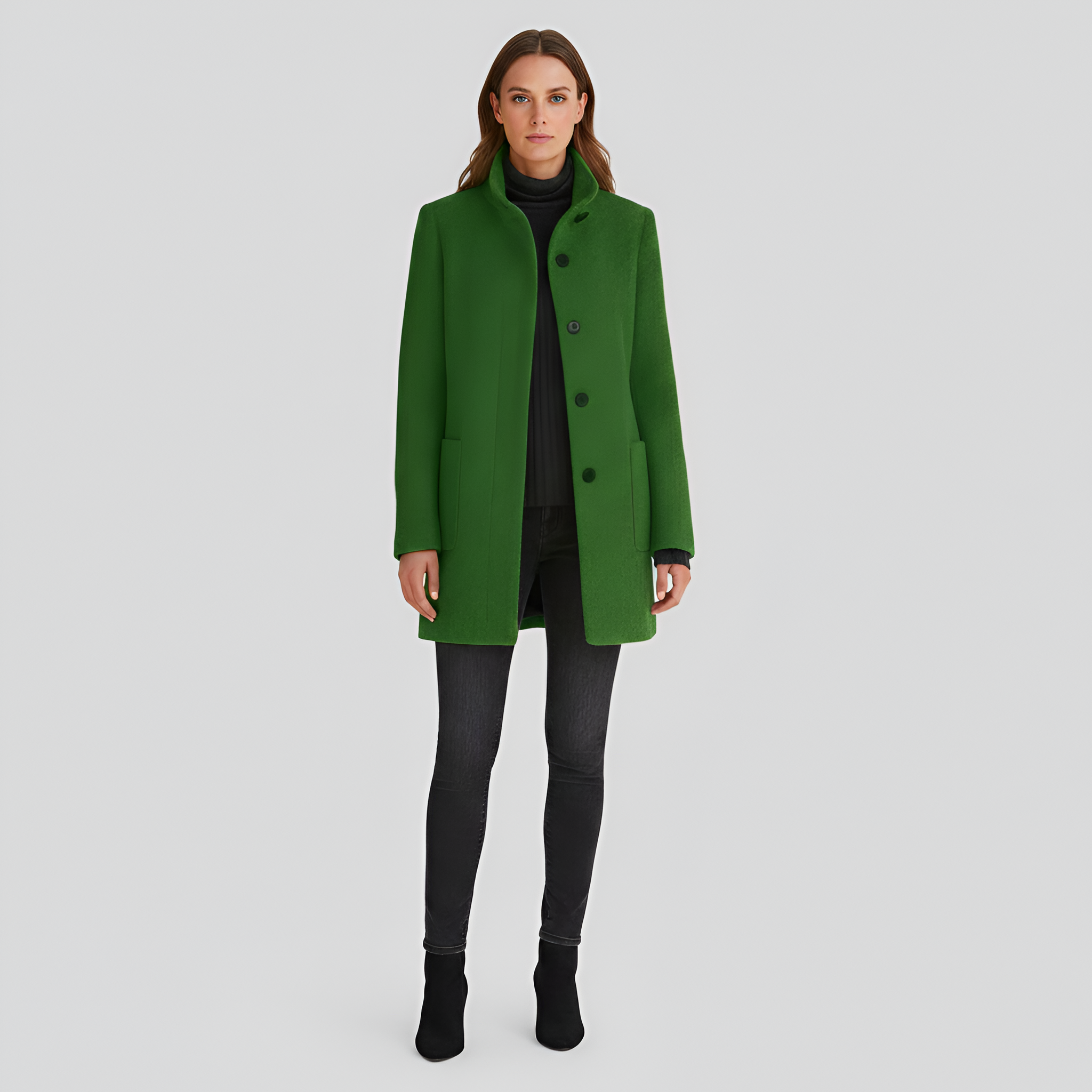 Elegant button-front coat with high collar for women | Valerios