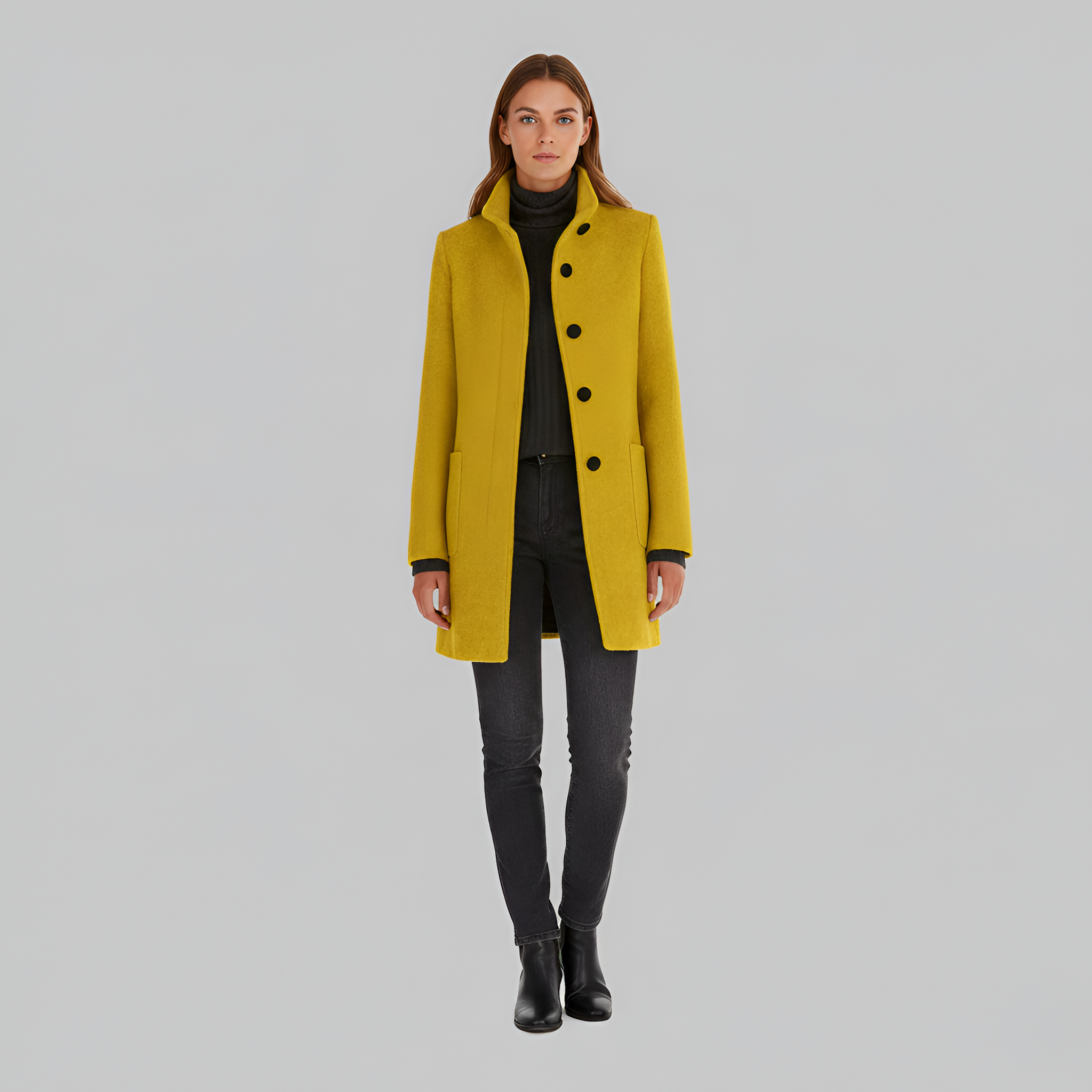 Elegant button-front coat with high collar for women | Valerios