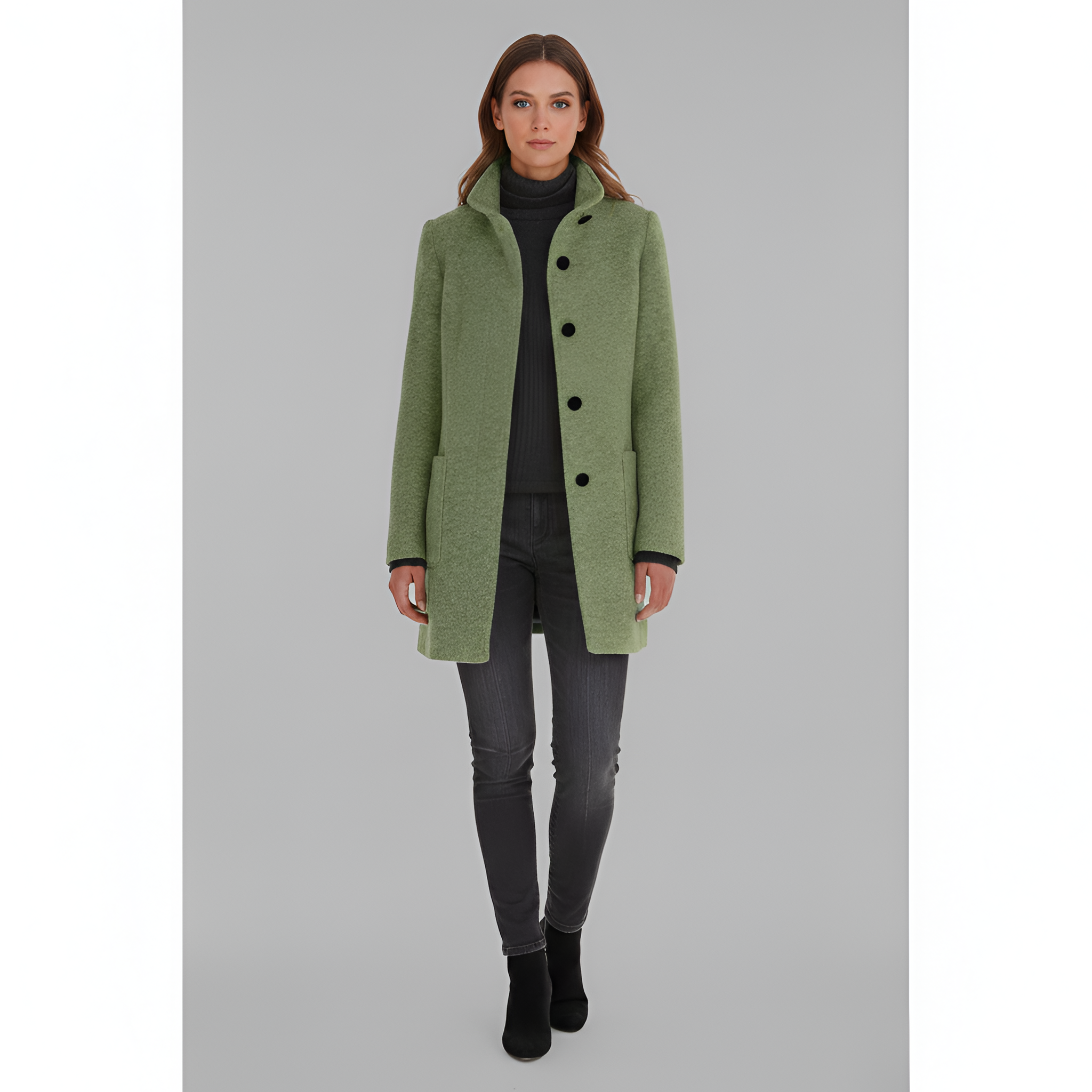 Elegant button-front coat with high collar for women | Valerios