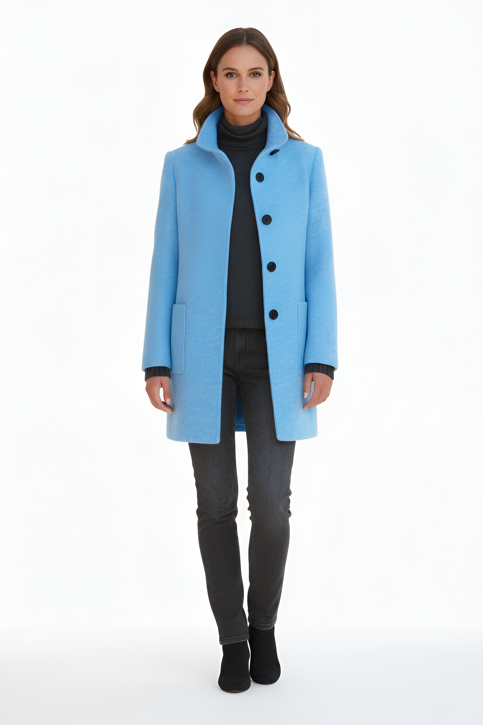 Elegant button-front coat with high collar for women | Valerios