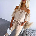 Chic off-shoulder frill tie-waist jumpsuit for women | Camila -1